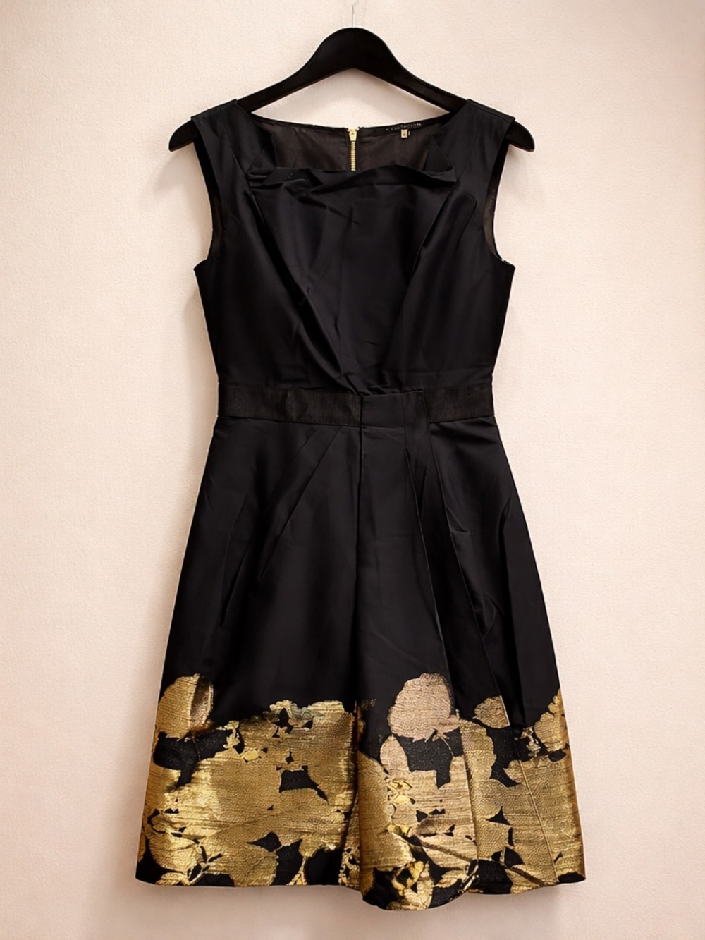 Elie Tahari Black Dress with Gold Hem Floral Accents